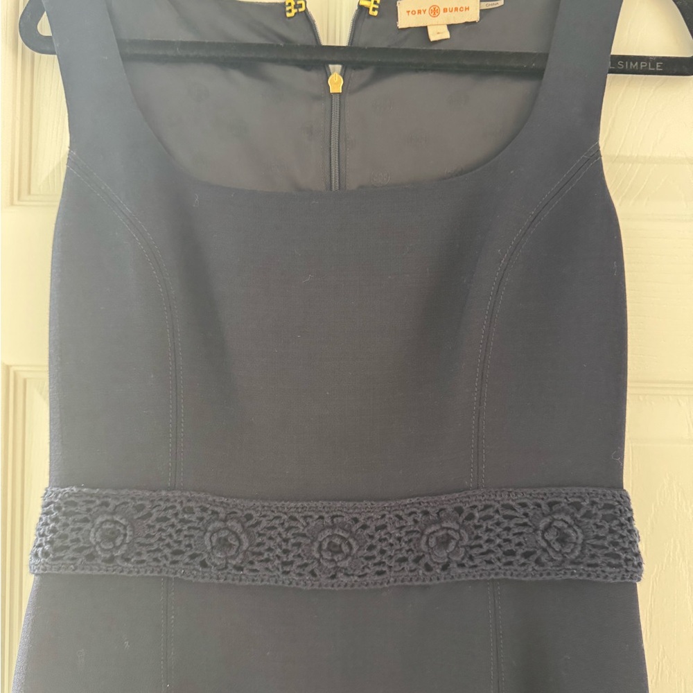 Tory Burch Navy Sleeveless Midi Dress with Crochet Waist - Picture 2 of 5